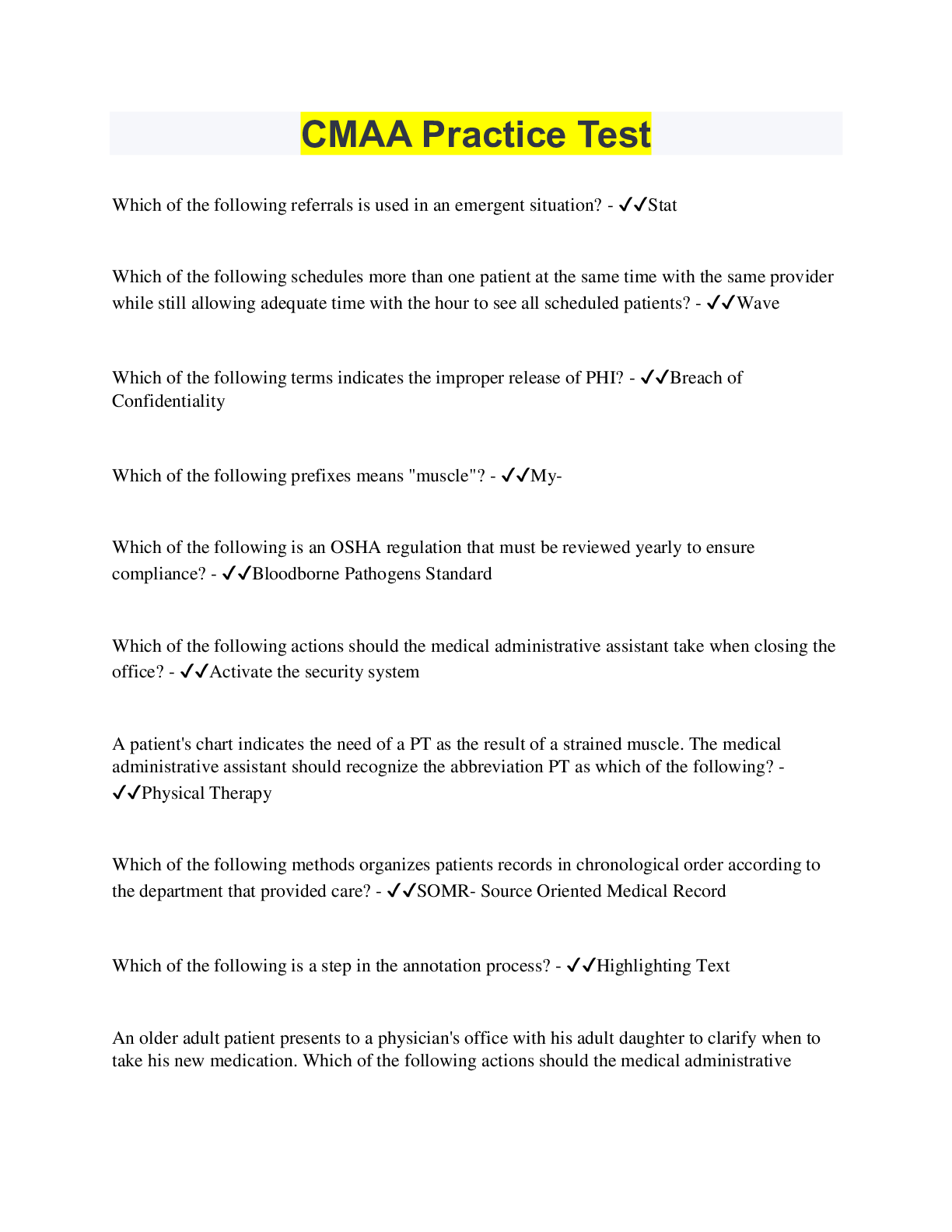 CMAA Practice Test (110 Questions with 100% Correct Answers)